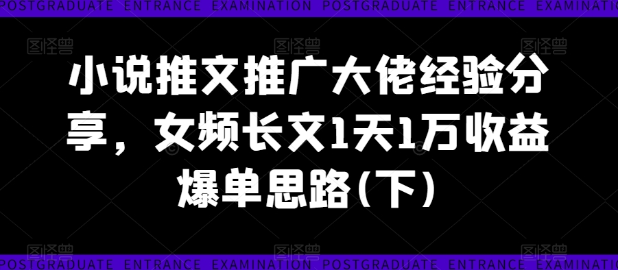 小说推文推广大佬经验分享，女频长文1天1万收益爆单思路